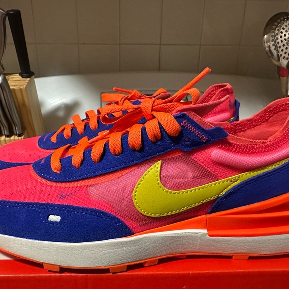 Nike Waffle One Pink and Blue Athletic  Sneakers with Yellow Swoosh - Picture 1 of 11